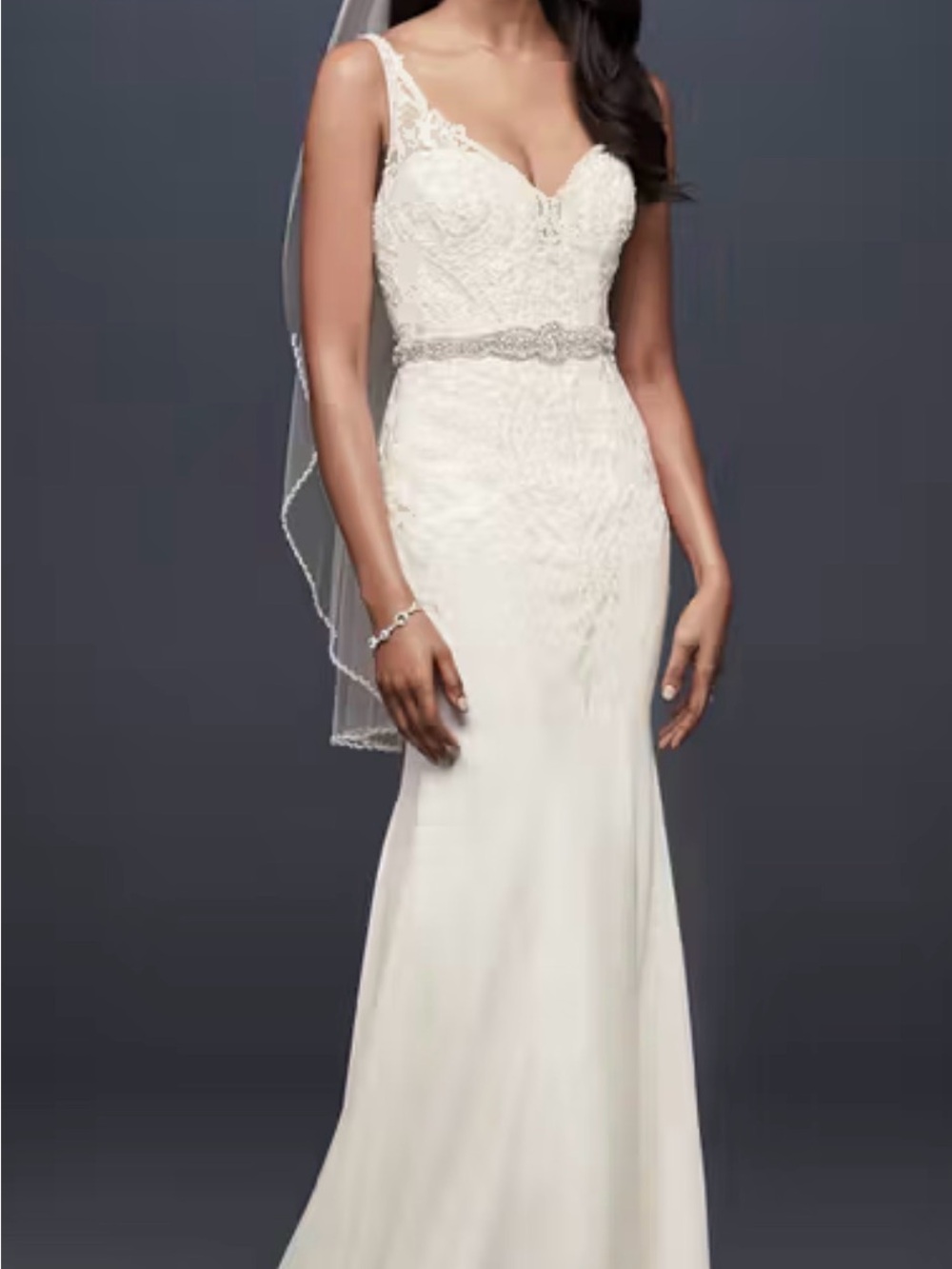 David's Bridal Ivory Lace Sheath Wedding Dress with Beaded Belt